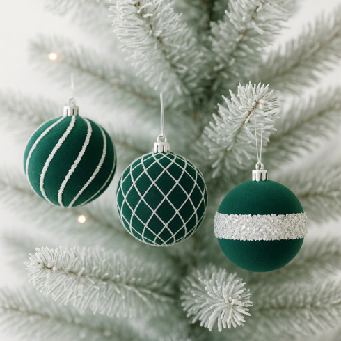 Sada vánočních koulí sametově zelené 9 ks, 8 cm