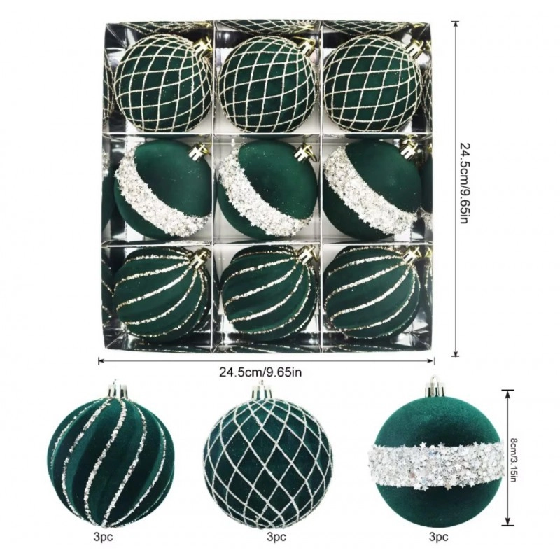 Sada vianočných gúľ zamatovo zelené 9 ks, 8 cm