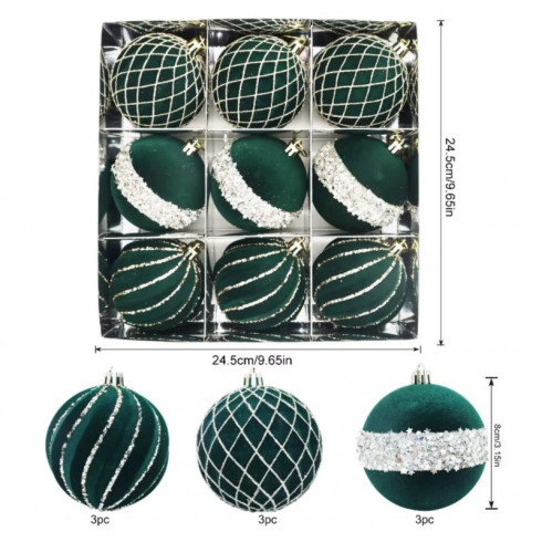 Sada vánočních koulí sametově zelené 9 ks, 8 cm