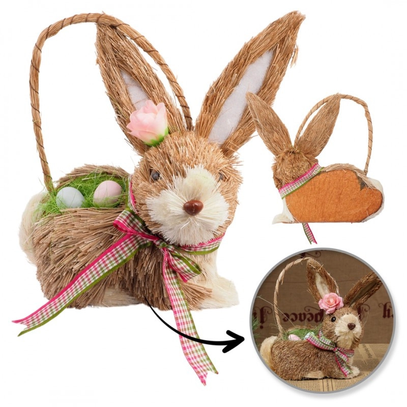 Slaměný velikonoční zajíček s vajíčky - košík na zavěšení 11x14x20 cm