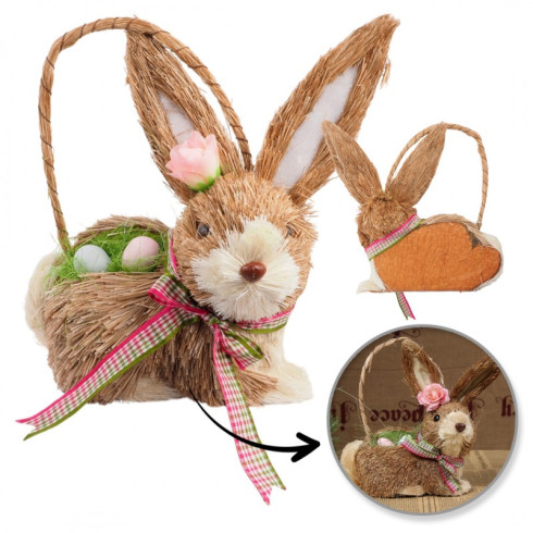 Slamený veľkonočný zajačik s vajíčkami - košík na zavesenie 11x14x20 cm 