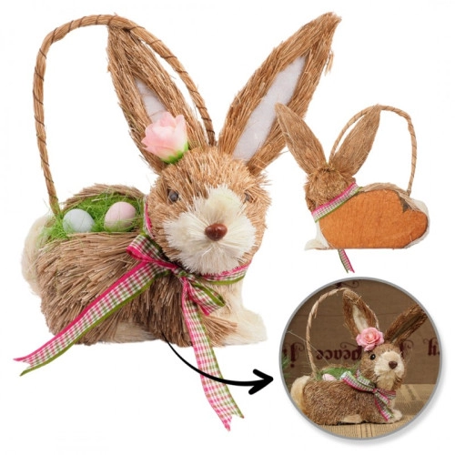 Slaměný velikonoční zajíček s vajíčky - košík na zavěšení 11x14x20 cm
