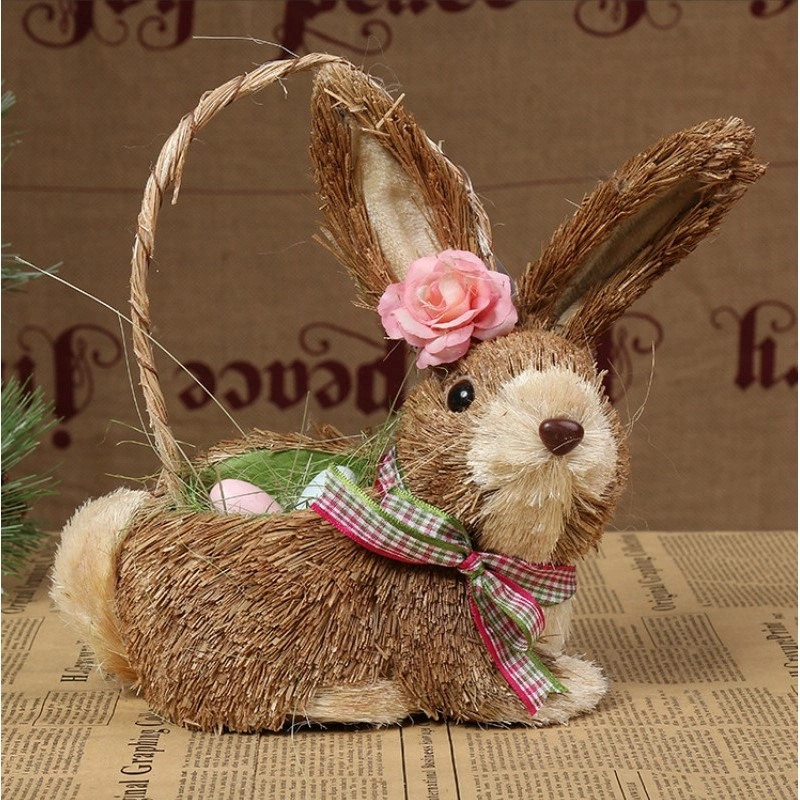 Slaměný velikonoční zajíček s vajíčky - košík na zavěšení 11x14x20 cm