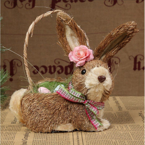 Slamený veľkonočný zajačik s vajíčkami - košík na zavesenie 11x14x20 cm 