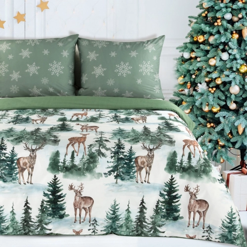 Sada vánočního povlečení zdobená zimním motivem lesa z bavlny renforcé 140x200 cm