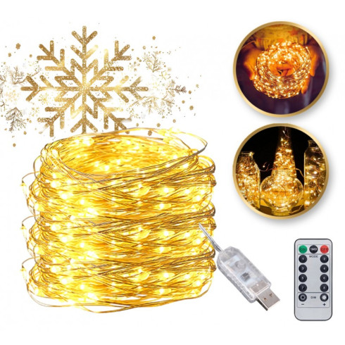 Svetelná reťaz 100 LED USB, teplá biela, 10 m