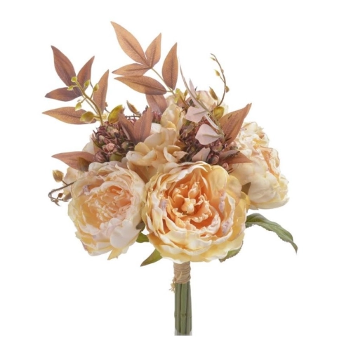 Umelá kytica pivonky s bobulami - zväzok, marhuľové - 29 cm