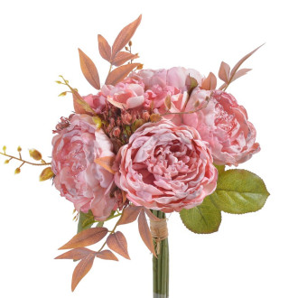 Umelá kytica pivonky s bobulami - zväzok, ružové - 29 cm