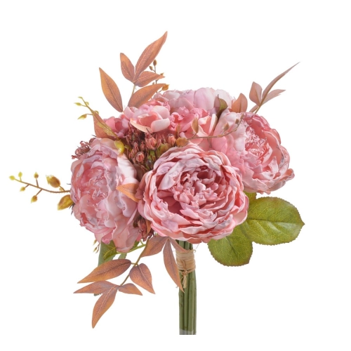 Umělá kytice pivoňky s bobulemi - svazek, růžové - 29 cm