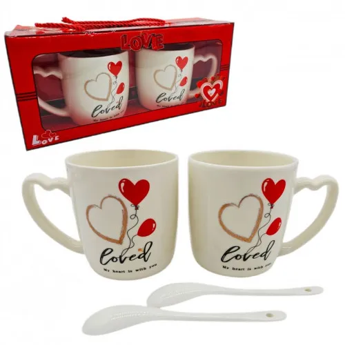 Valentýnská sada keramických hrnků v dárkové krabičce s lžičkami