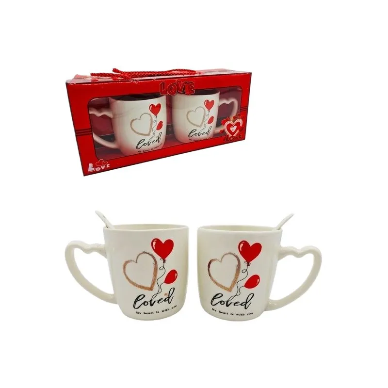 Valentýnská sada keramických hrnků v dárkové krabičce s lžičkami