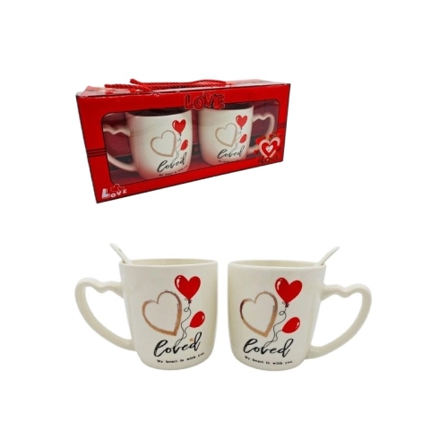 Valentýnská sada keramických hrnků v dárkové krabičce s lžičkami
