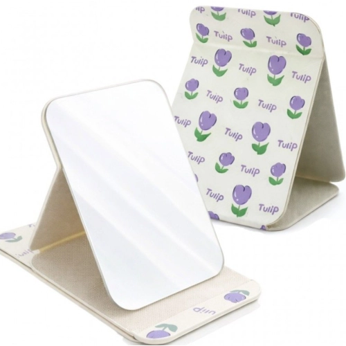 Veľké stojace kozmetické zrkadlo z ekokože s tulipánmi, otváracie 15 × 20 cm