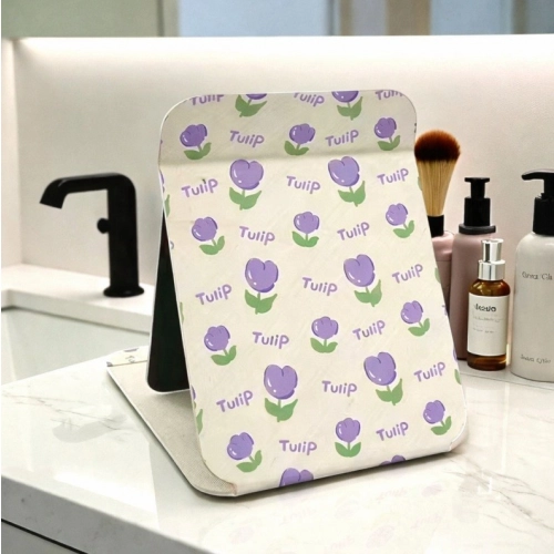 Veľké stojace kozmetické zrkadlo z ekokože s tulipánmi, otváracie 15 × 20 cm