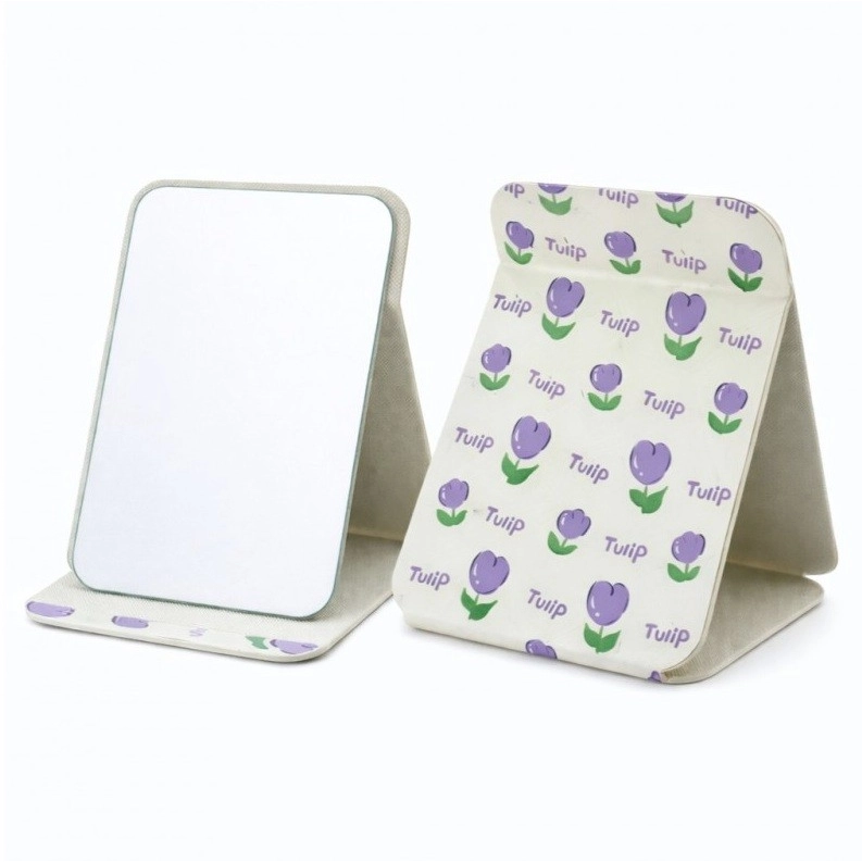 Veľké stojace kozmetické zrkadlo z ekokože s tulipánmi, otváracie 15 × 20 cm