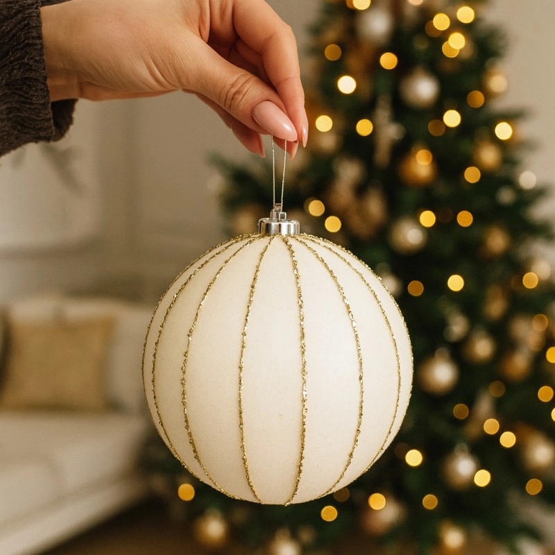 Vianočná biela zamatová guľa XXL 15 cm, 2 ks