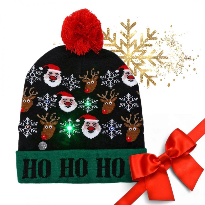 Vianočná LED svietiaca čiapka HO HO HO s brmbolcom