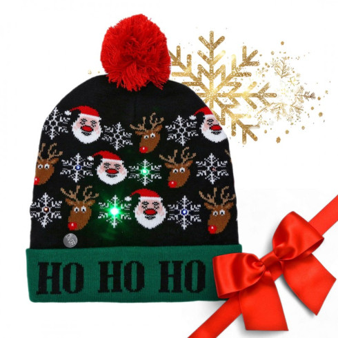 Vianočná LED svietiaca čiapka HO HO HO s brmbolcom