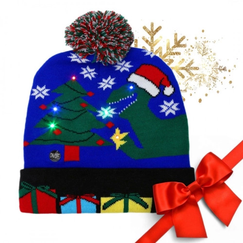 Vianočná LED svietiaca čiapka s dinosaurom a brmbolcom