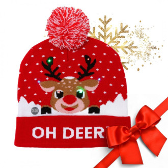 Vianočná LED svietiaca čiapka so sobíkom a brmbolcom