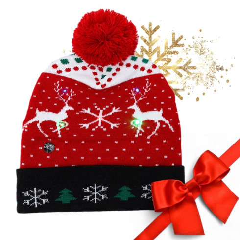 Vánoční LED svítící čepice se soby a bambulí