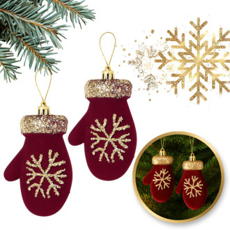 Vánoční ozdoba bordó sametové rukavičky, 2 ks