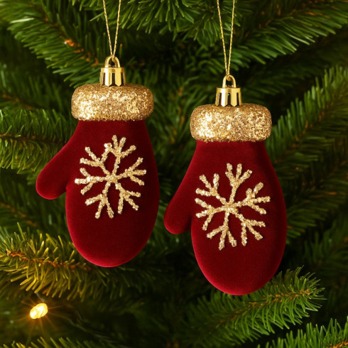 Vánoční ozdoba bordó sametové rukavičky, 2 ks