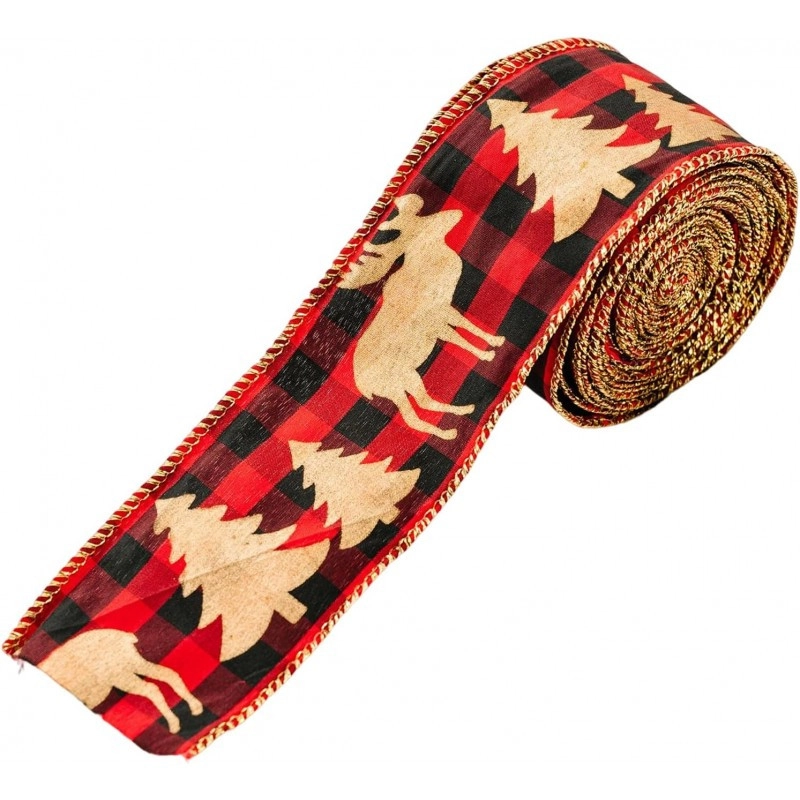 Vánoční stuha červená káro se zlatými motivy, 5 cm × 5 m