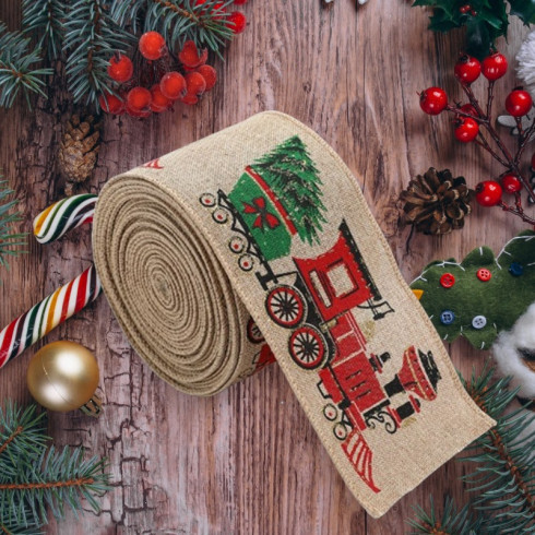 Vianočná stuha lokomotíva a stromček, 2 m x 6,3 cm