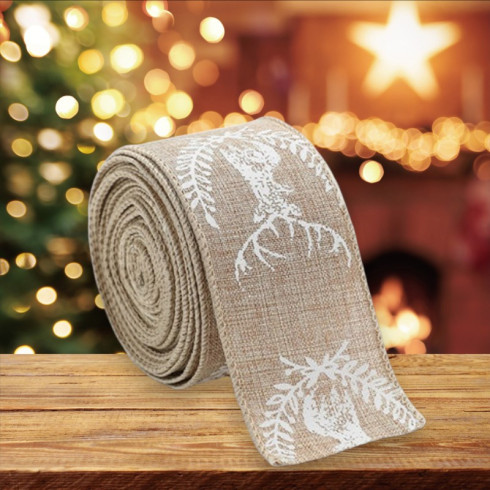 Vianočná stuha s bielymi jeleňmi, 5 cm x 2 m