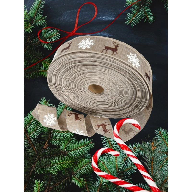 Vianočná stuha s jeleňmi a vločkami, 5 cm × 2 m