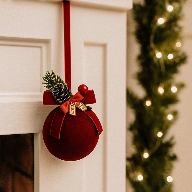 Zamatová vianočná dekorácia guľa s mašľou 22 cm, bordová