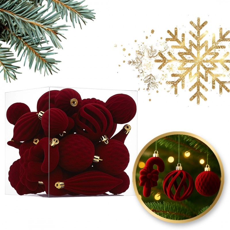 Zamatové vianočné ozdoby 28 ks, bordové
