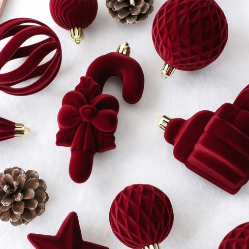 Zamatové vianočné ozdoby 28 ks, bordové
