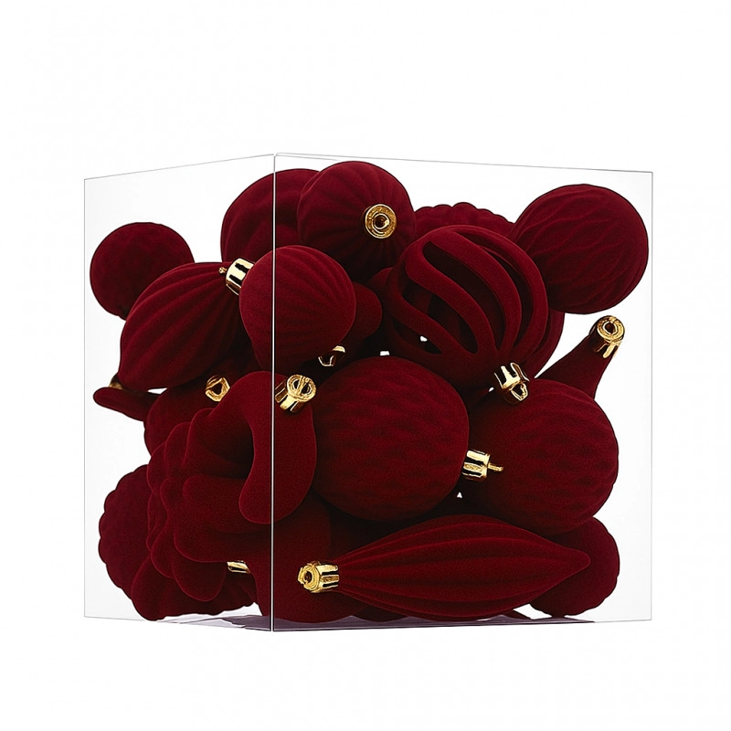 Zamatové vianočné ozdoby 28 ks, bordové