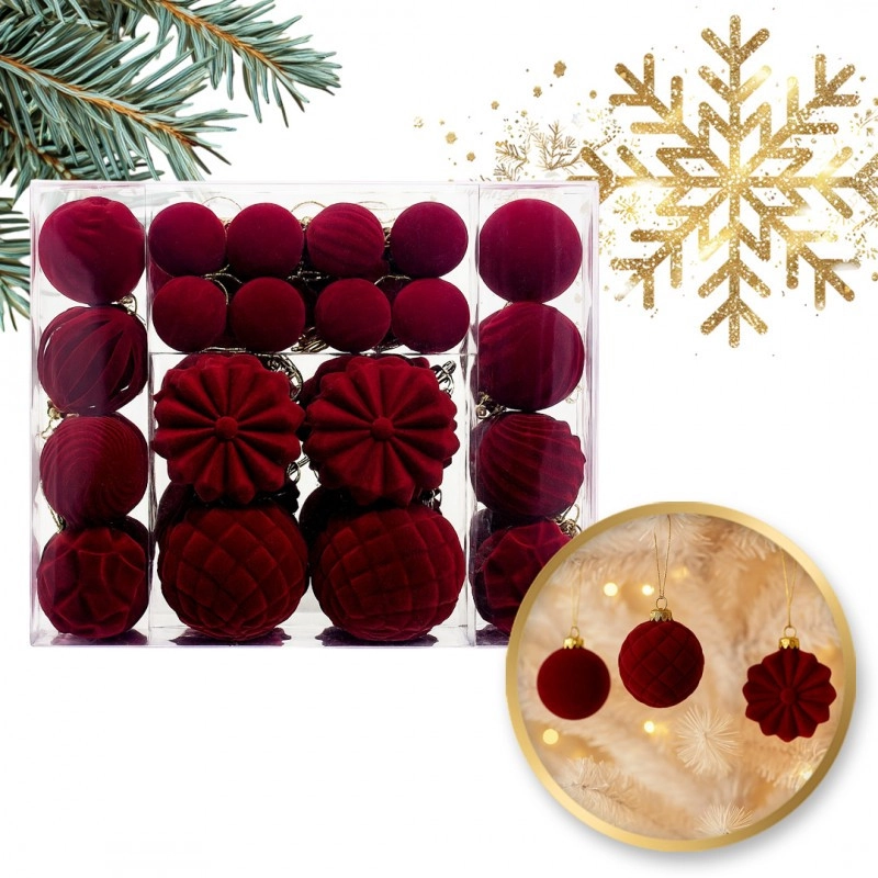 Zamatové vianočné ozdoby 48 ks, bordové