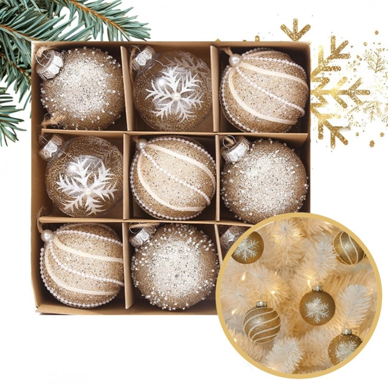 Zlaté vianočné gule 9 ks, priemer 7 cm