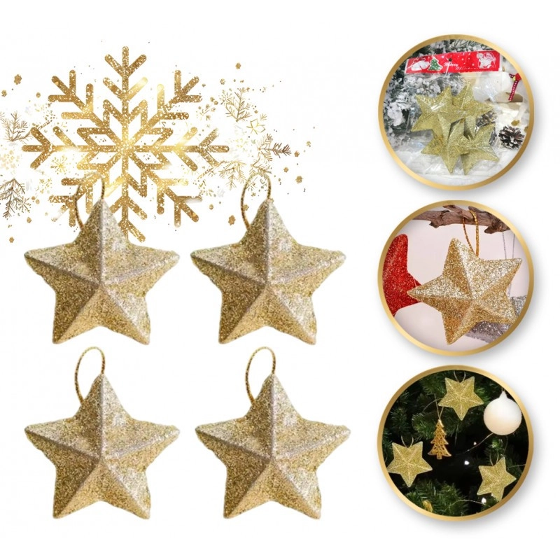 Zlaté vianočné ozdoby v tvare hviezdy, 4 ks