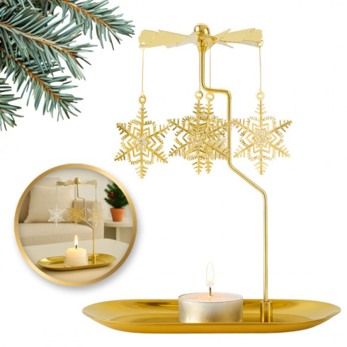 Zlatý vánoční kovový svícen s vločkami, 17,8 × 18,5 cm