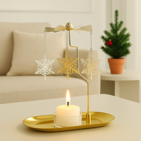 Zlatý vánoční kovový svícen s vločkami, 17,8 × 18,5 cm