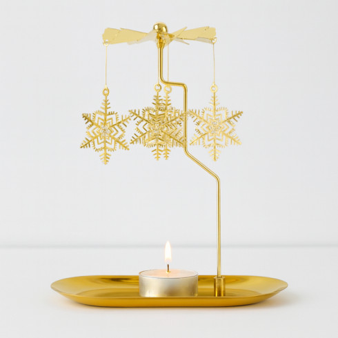 Zlatý vánoční kovový svícen s vločkami, 17,8 × 18,5 cm