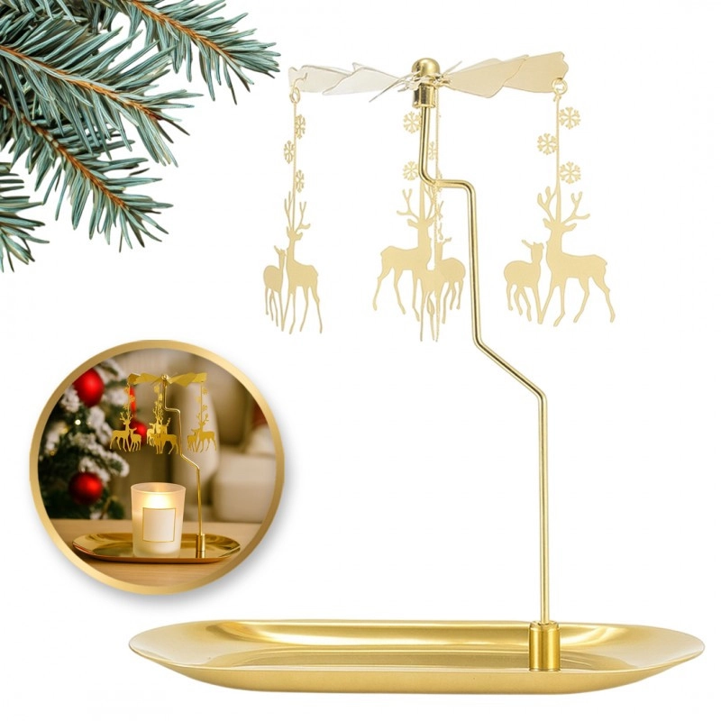 Zlatý vianočný kovový svietnik so sobmi, 17,8 × 18,5 cm