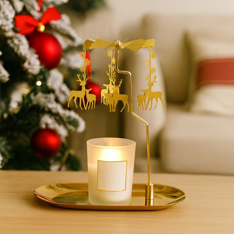 Zlatý vianočný kovový svietnik so sobmi, 17,8 × 18,5 cm