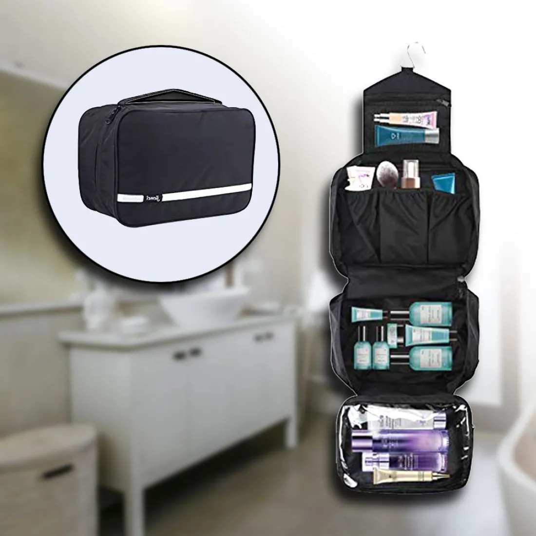 Cestovní kosmetický organizér, černý závěsný