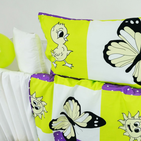 Detské posteľné obliečky - fialovo-žlté - zvieratka 130 x 90 cm