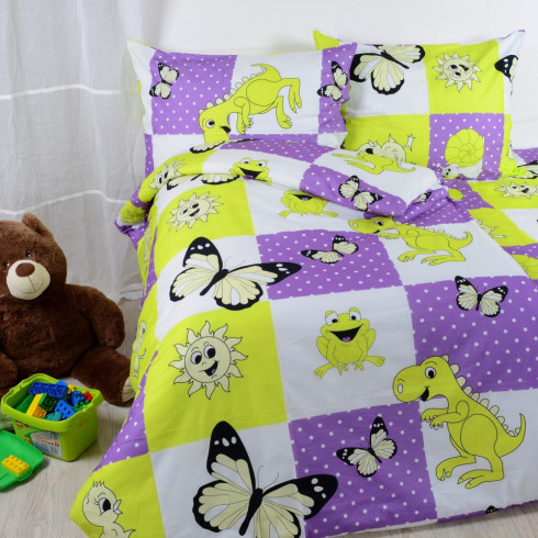 Detské posteľné obliečky - fialovo-žlté - zvieratka 130 x 90 cm