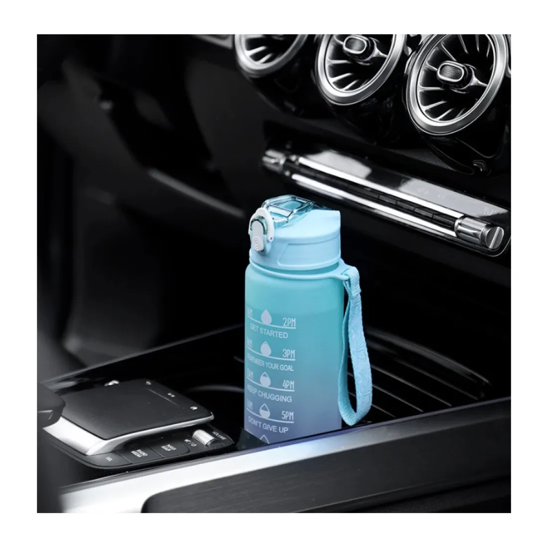 Športová fľaša na vodu s denným časovým plánovačom 3v1  - tyrkysové ombré