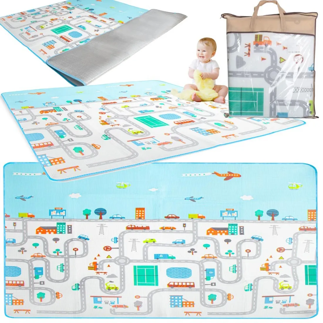 Hracia penová termo podložka - Mesto biela, 180 cm