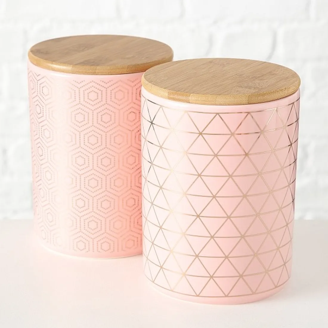 Keramické dózy s bambusovým víkem - růžové, set 2 ks