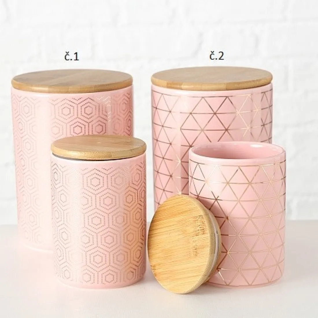 Keramické dózy s bambusovým víkem - růžové, set 2 ks